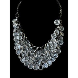 Francesca’s Clear Faceted Acrylic Dangle Bead Bib Necklace Gun Metal 18-21”